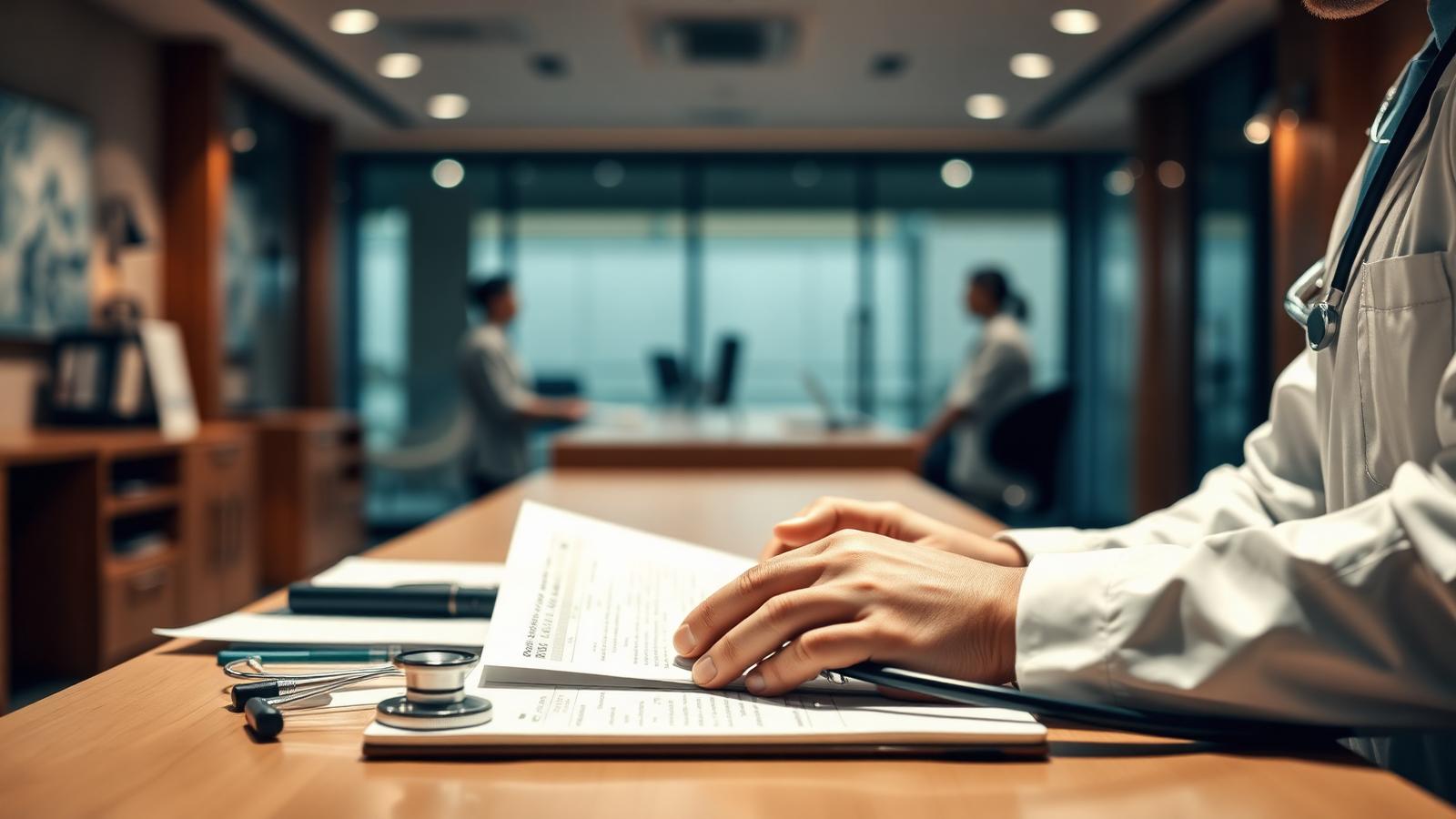 Consulta médica humanizada com documentos e estetoscópio sobre mesa em clínica moderna
