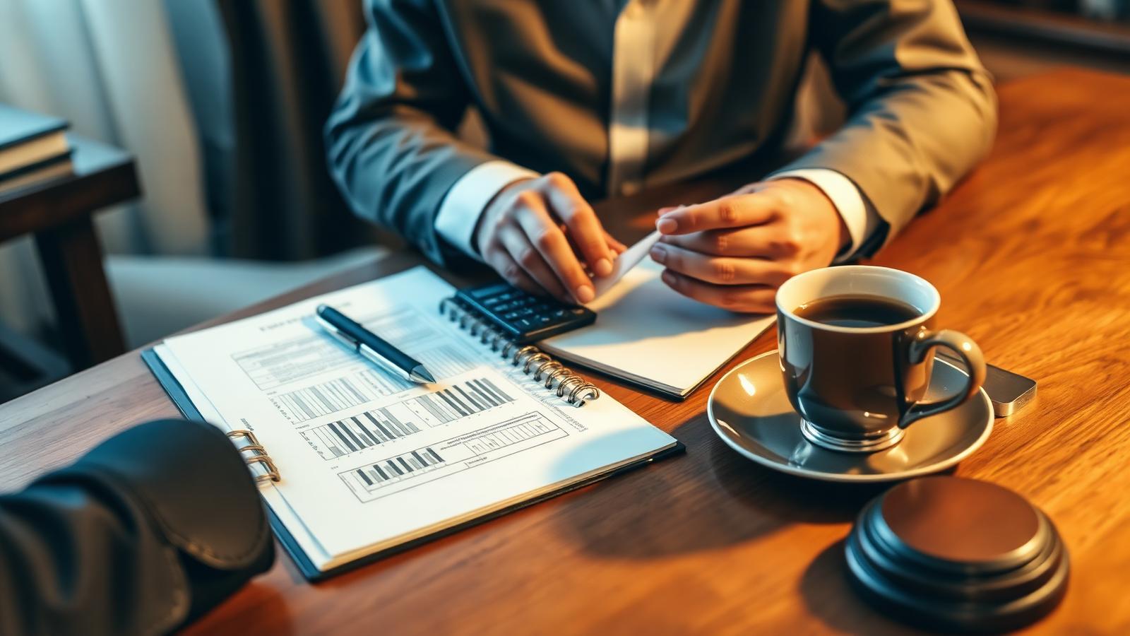 Análise de documentos e cálculos previdenciários sobre mesa elegante de trabalho