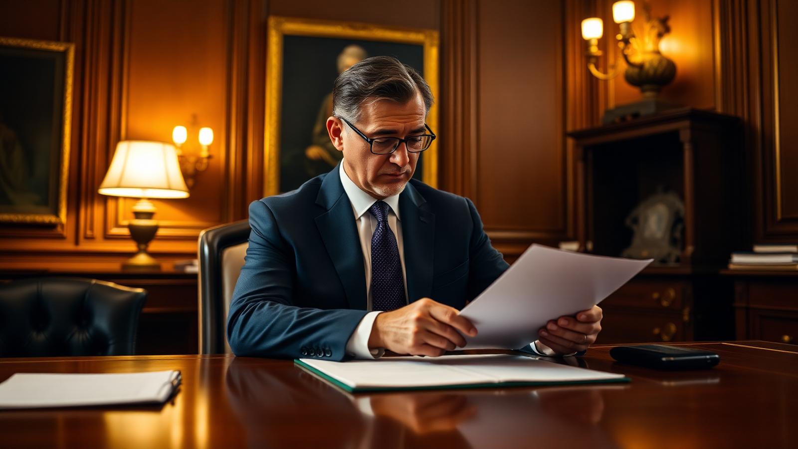 Servidor público analisando documentos oficiais em gabinete administrativo elegante